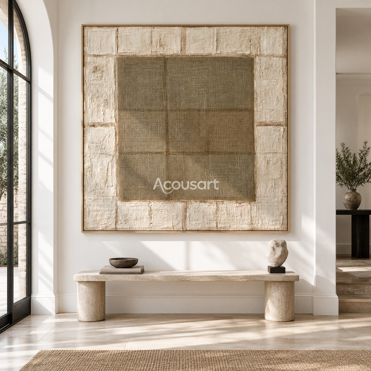 Neutral textured abstract wall art with woven center square, raised white border, and warm beige tones