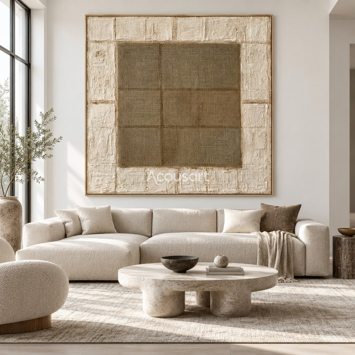 Neutral textured abstract wall art with woven center square, raised white border, and warm beige tones