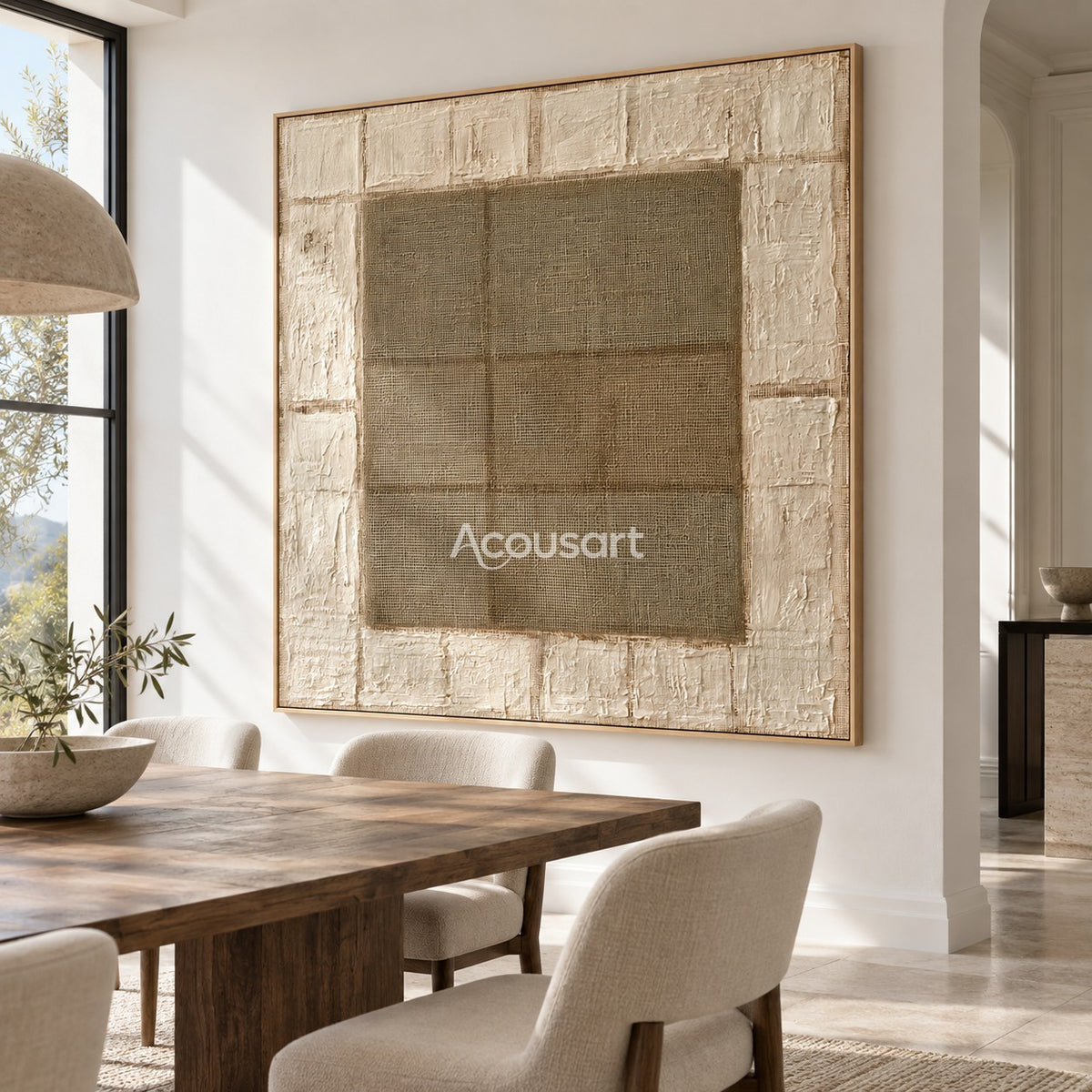 Neutral textured abstract wall art with woven center square, raised white border, and warm beige tones