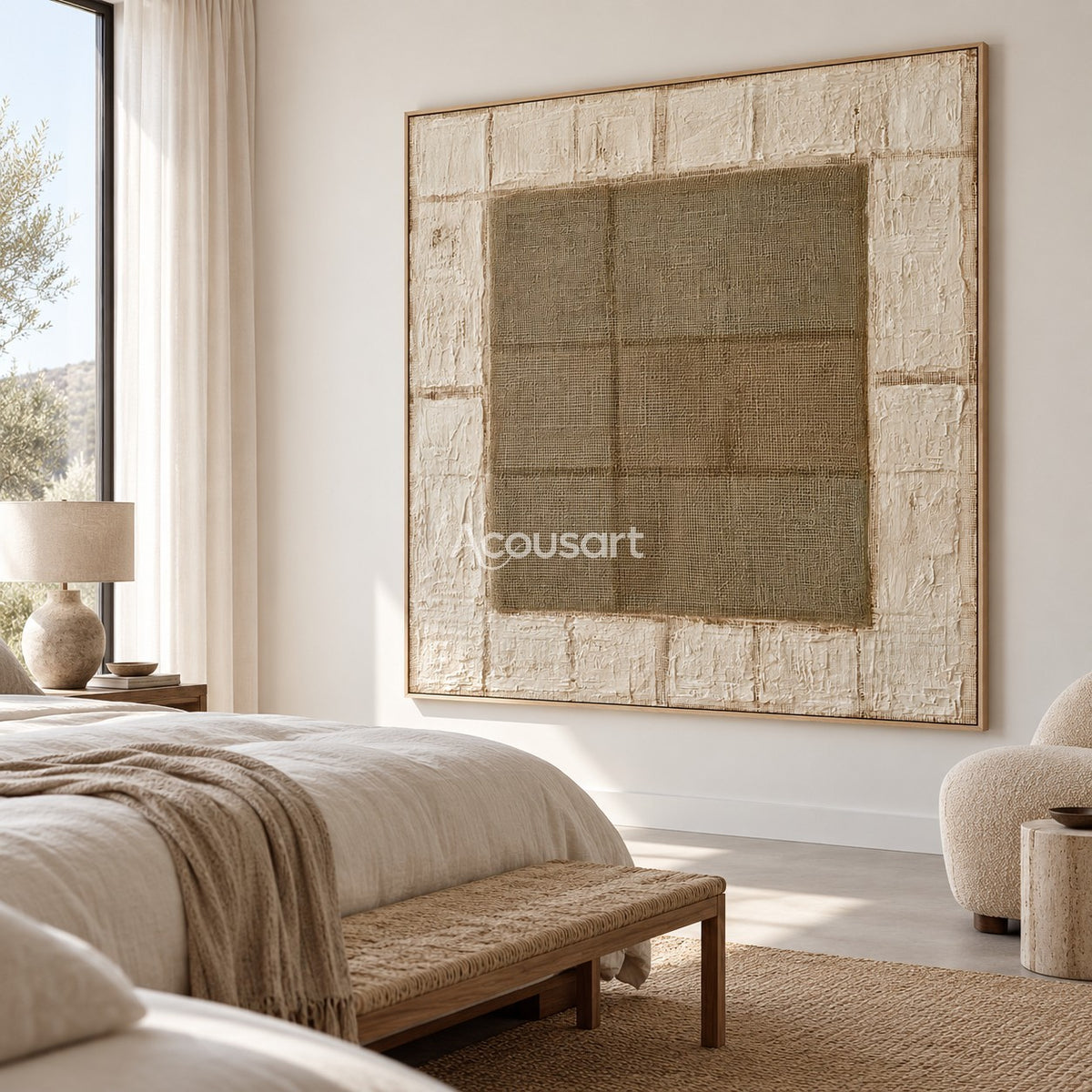 Neutral textured abstract wall art with woven center square, raised white border, and warm beige tones