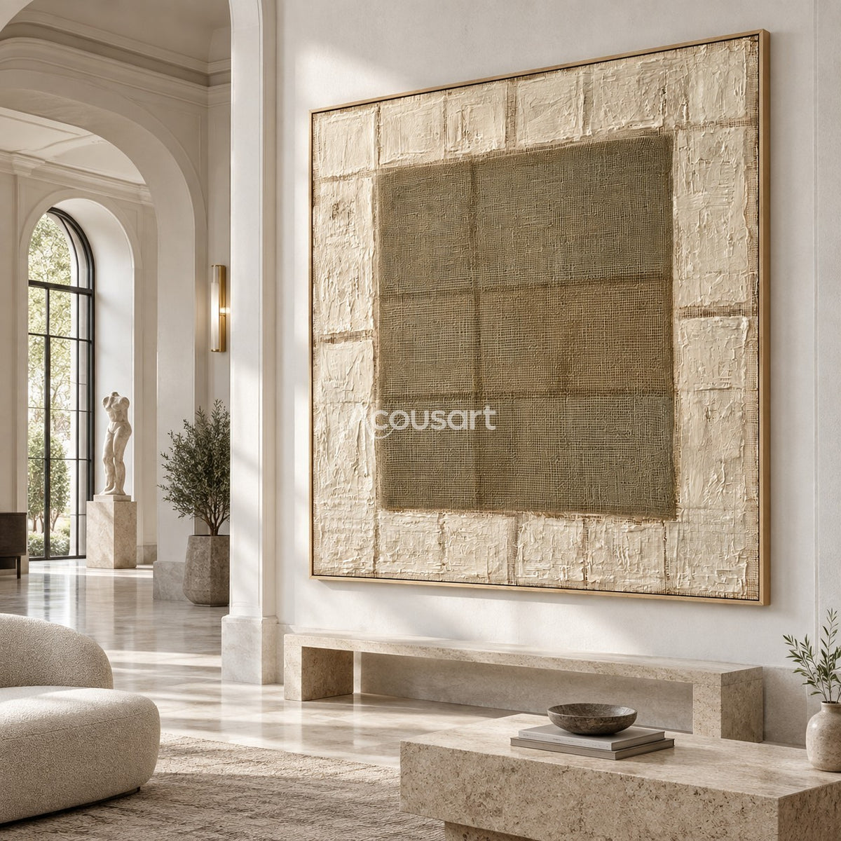 Neutral textured abstract wall art with woven center square, raised white border, and warm beige tones