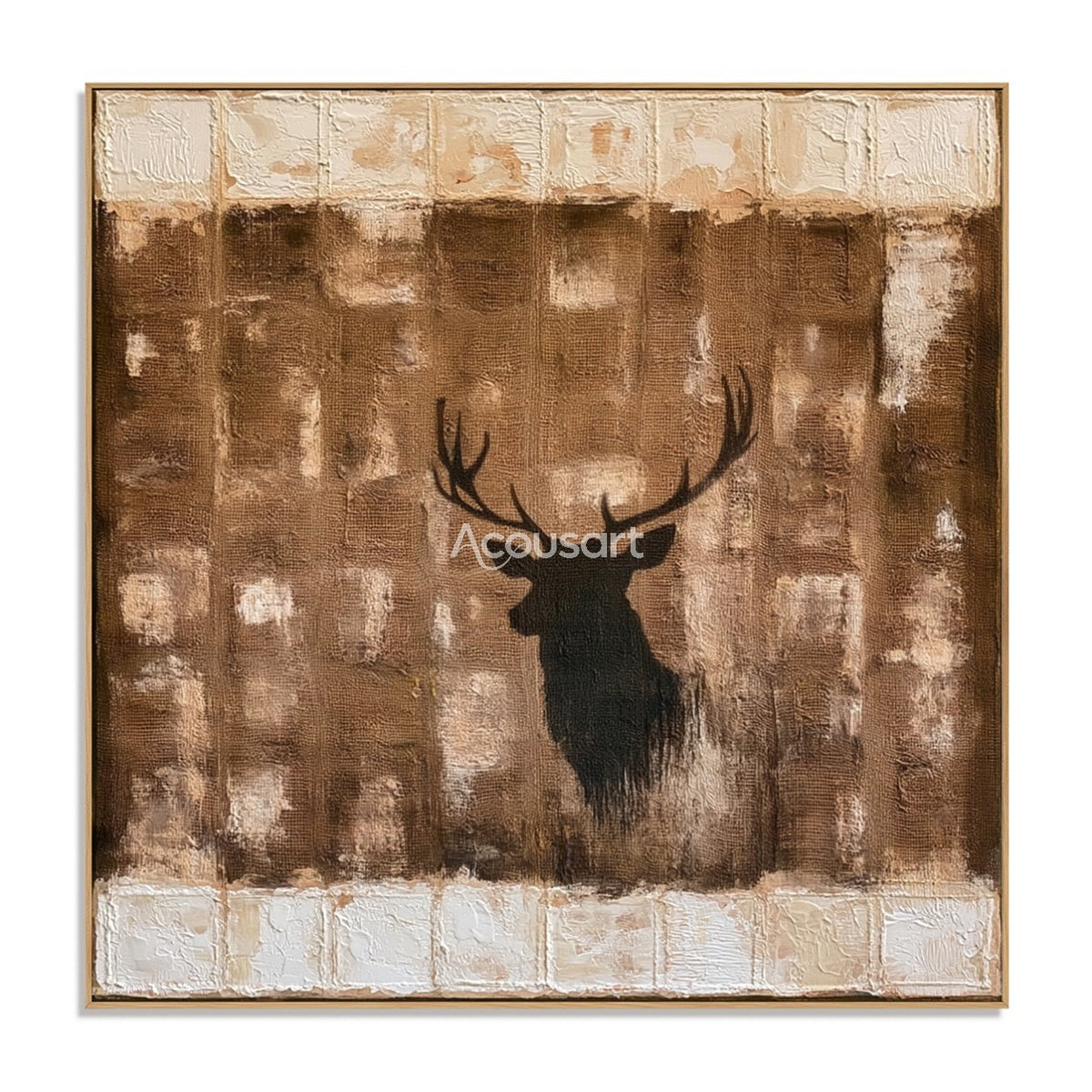 Rustic neutral wall art with black stag silhouette, large antlers, brown woven texture, and raised cream border