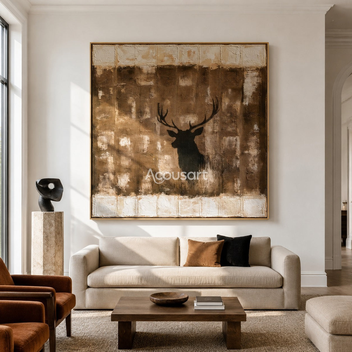 Rustic neutral wall art with black stag silhouette, large antlers, brown woven texture, and raised cream border