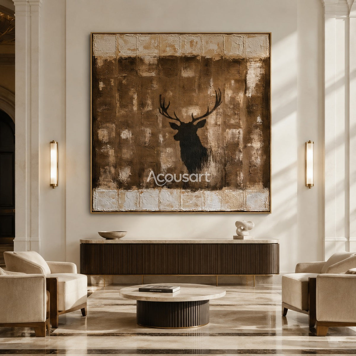 Rustic neutral wall art with black stag silhouette, large antlers, brown woven texture, and raised cream border