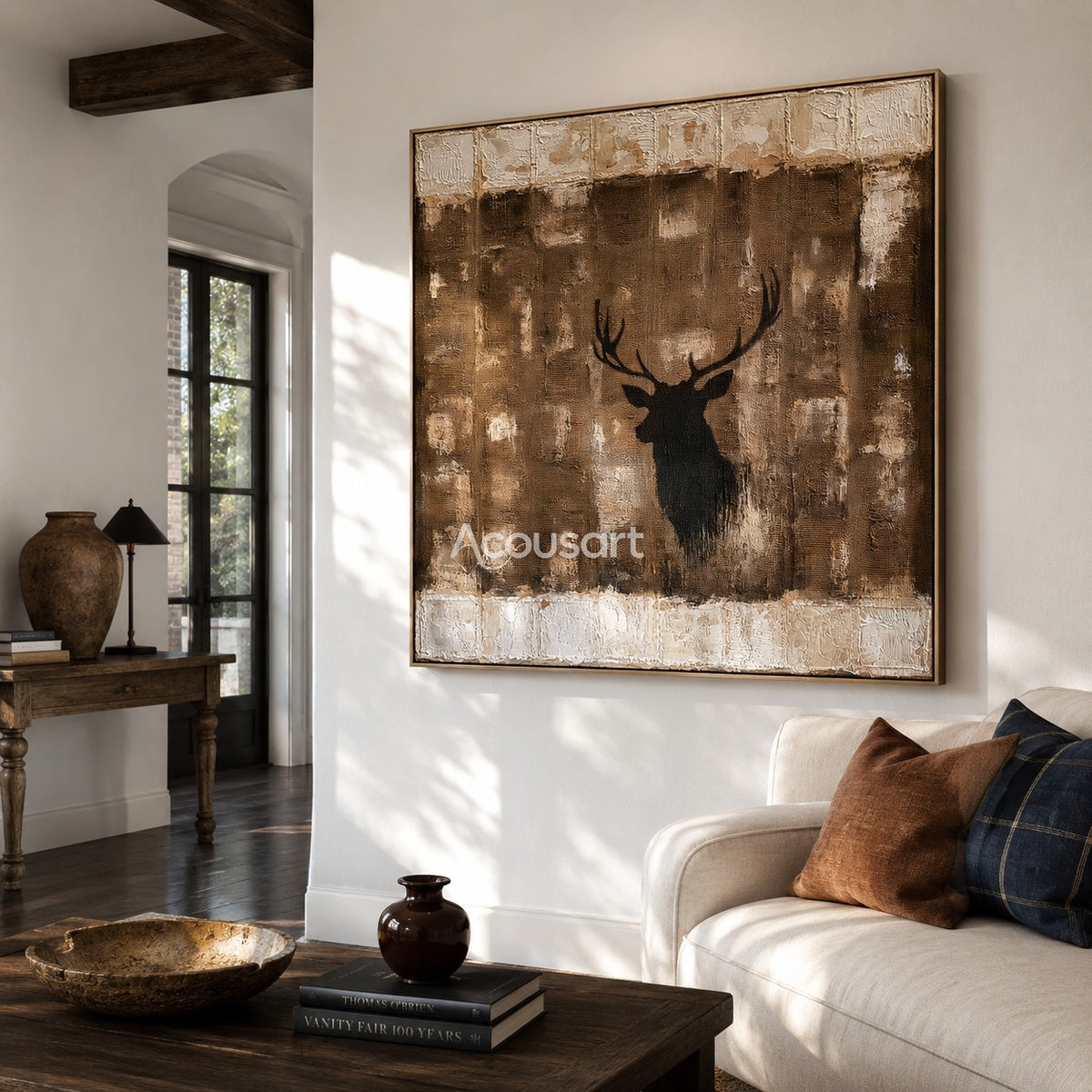 Rustic neutral wall art with black stag silhouette, large antlers, brown woven texture, and raised cream border