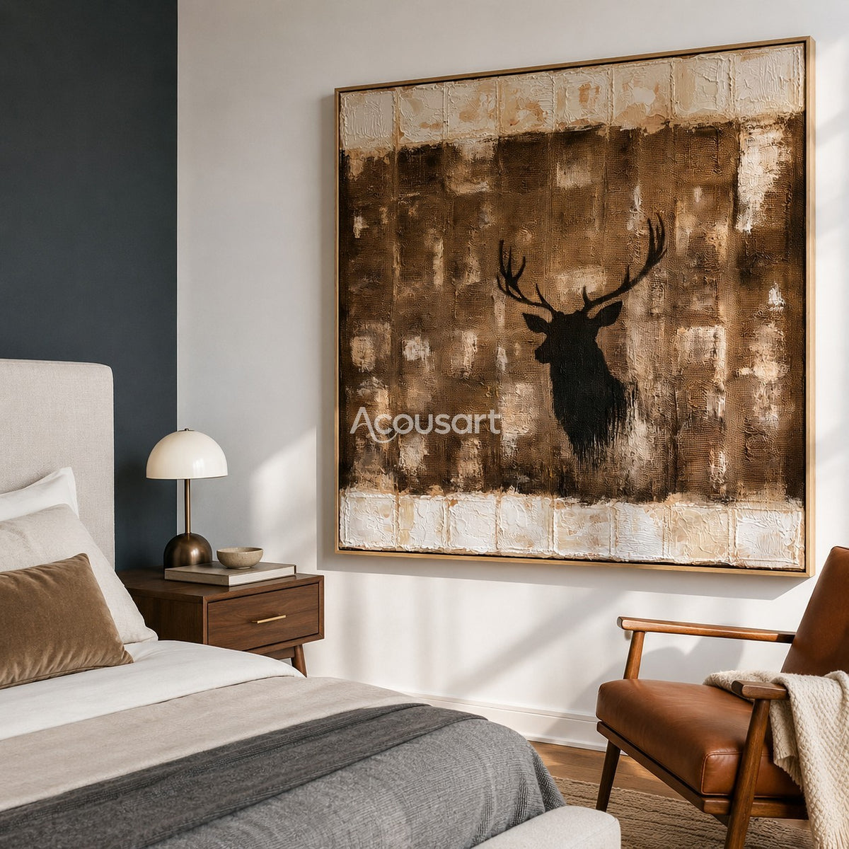 Rustic neutral wall art with black stag silhouette, large antlers, brown woven texture, and raised cream border