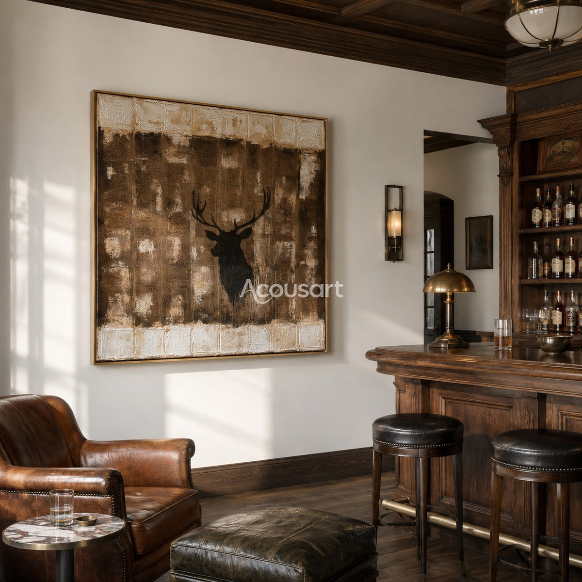 Rustic neutral wall art with black stag silhouette, large antlers, brown woven texture, and raised cream border