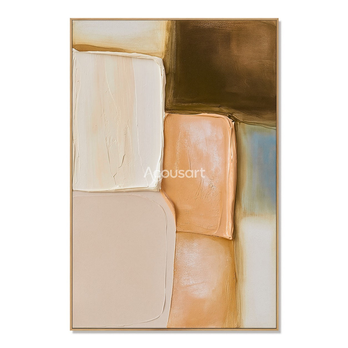 Neutral abstract textured wall art with soft rounded blocks in cream, beige, peach, brown, and pale blue tones