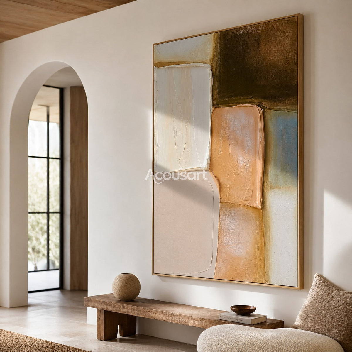 Neutral abstract textured wall art with soft rounded blocks in cream, beige, peach, brown, and pale blue tones