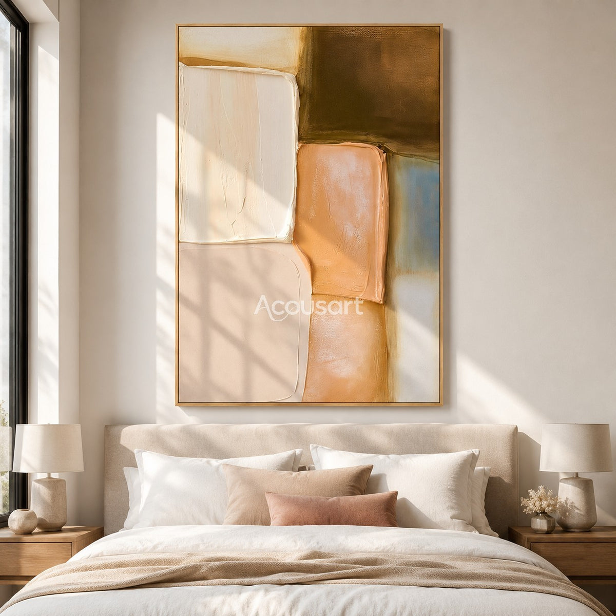 Neutral abstract textured wall art with soft rounded blocks in cream, beige, peach, brown, and pale blue tones
