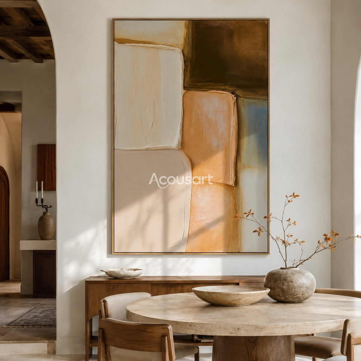 Neutral abstract textured wall art with soft rounded blocks in cream, beige, peach, brown, and pale blue tones