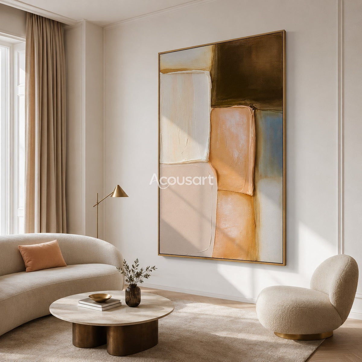 Neutral abstract textured wall art with soft rounded blocks in cream, beige, peach, brown, and pale blue tones
