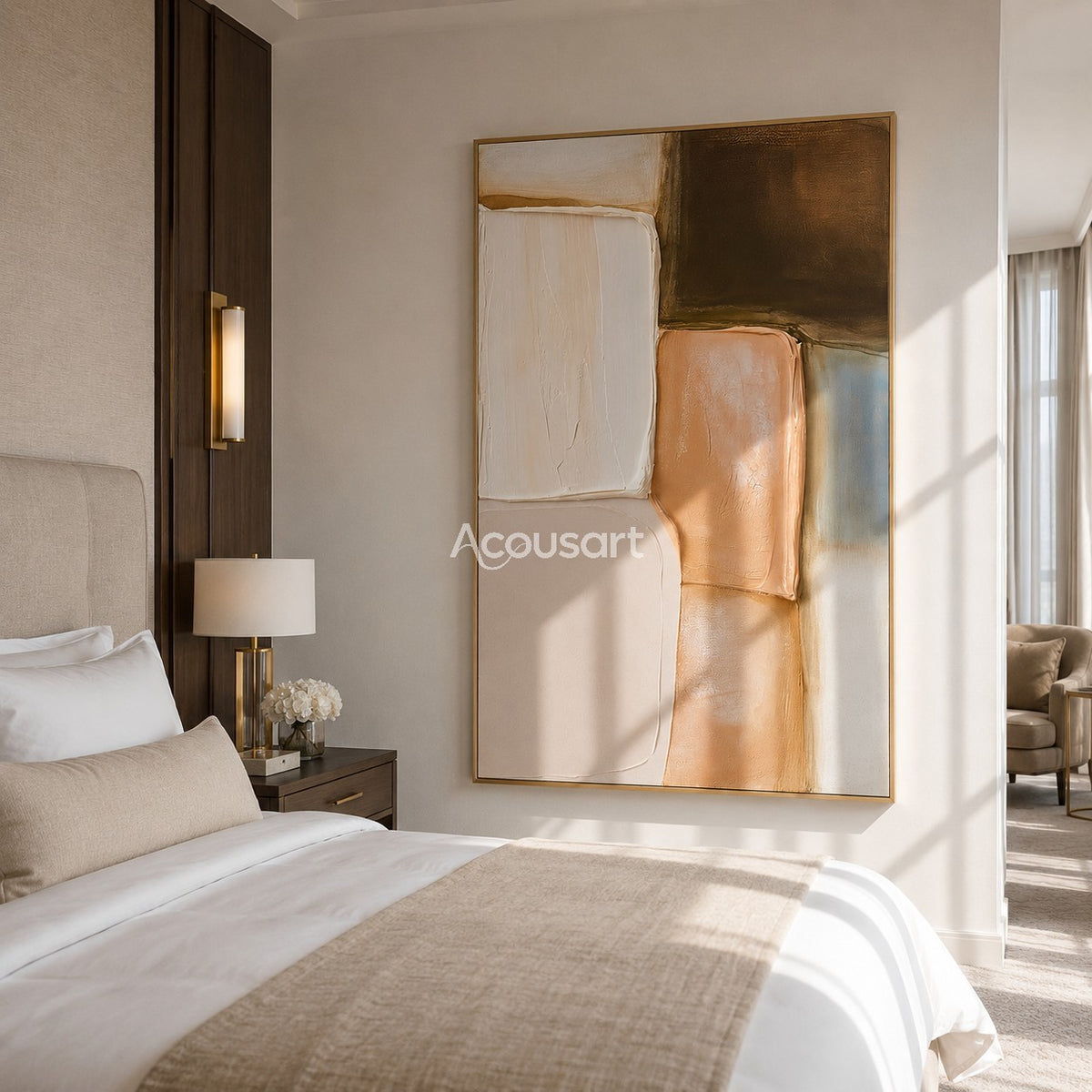 Neutral abstract textured wall art with soft rounded blocks in cream, beige, peach, brown, and pale blue tones