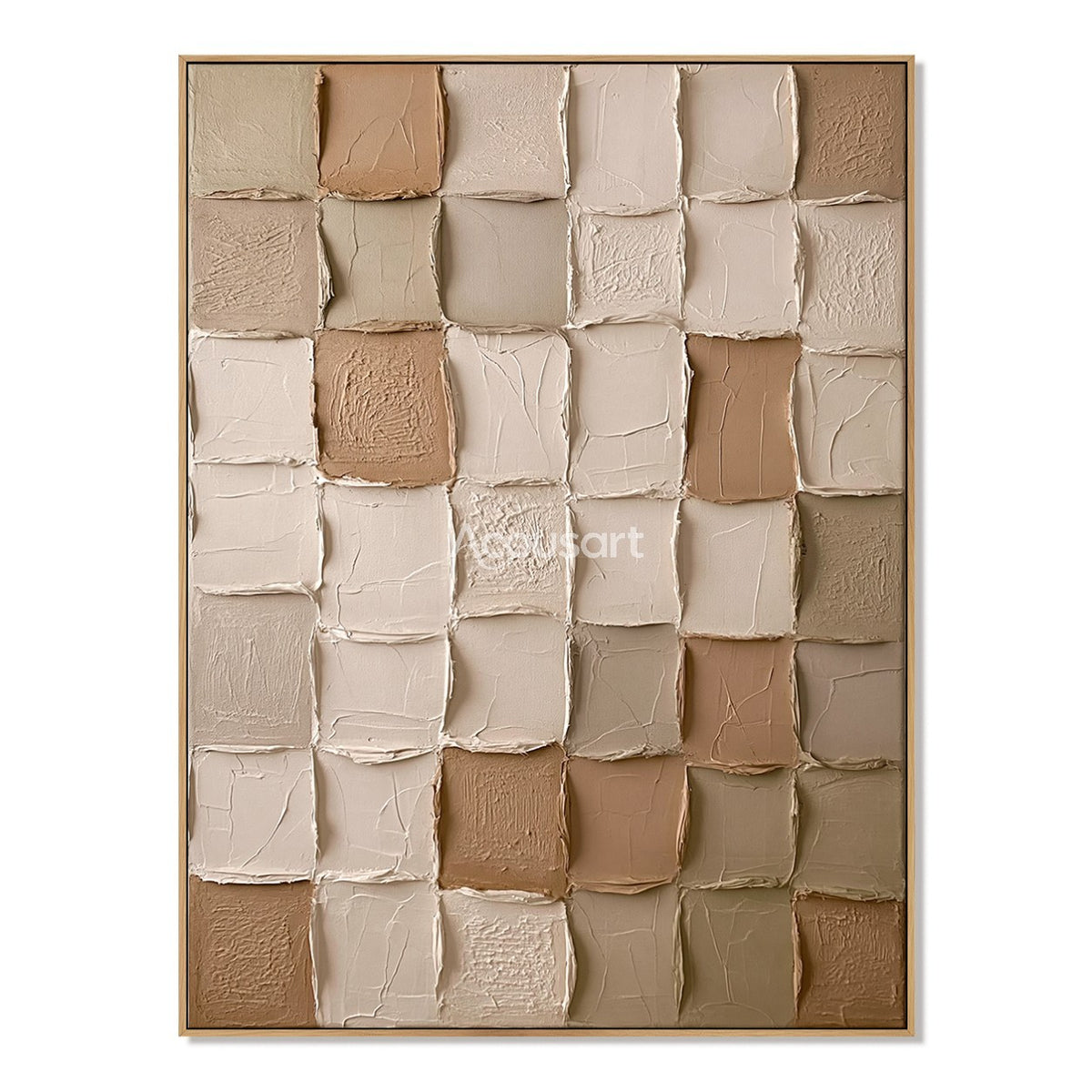 Neutral textured abstract wall art with raised square mosaic blocks in cream, beige, taupe, and soft brown tones