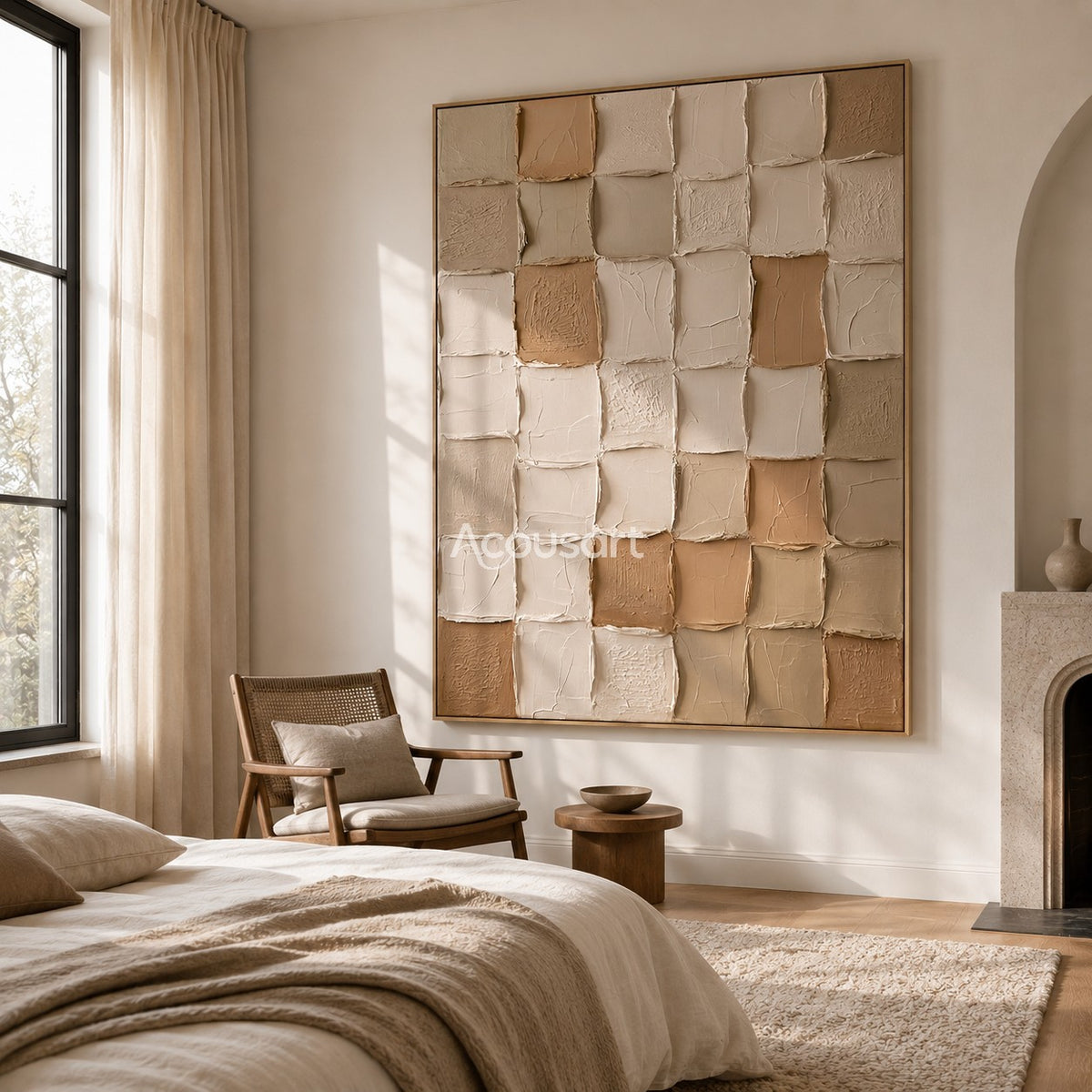 Neutral textured abstract wall art with raised square mosaic blocks in cream, beige, taupe, and soft brown tones