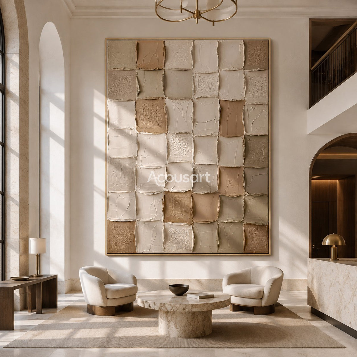 Neutral textured abstract wall art with raised square mosaic blocks in cream, beige, taupe, and soft brown tones