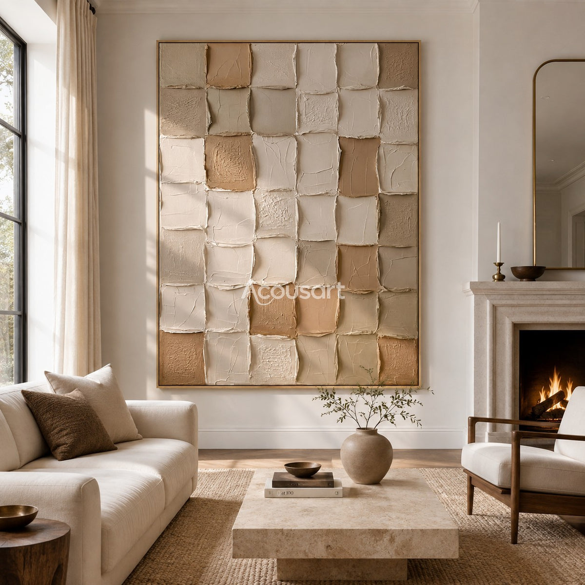 Neutral textured abstract wall art with raised square mosaic blocks in cream, beige, taupe, and soft brown tones