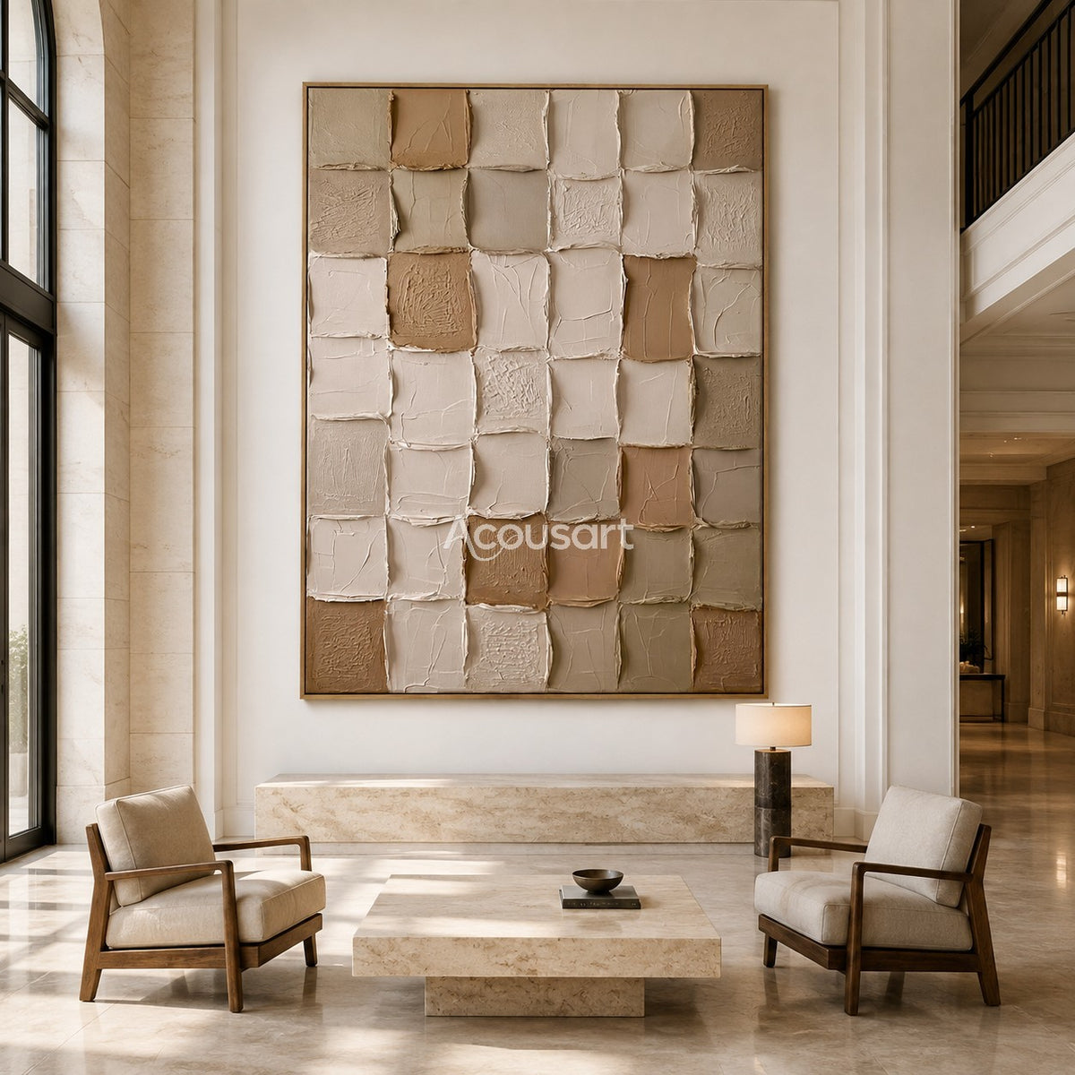 Neutral textured abstract wall art with raised square mosaic blocks in cream, beige, taupe, and soft brown tones