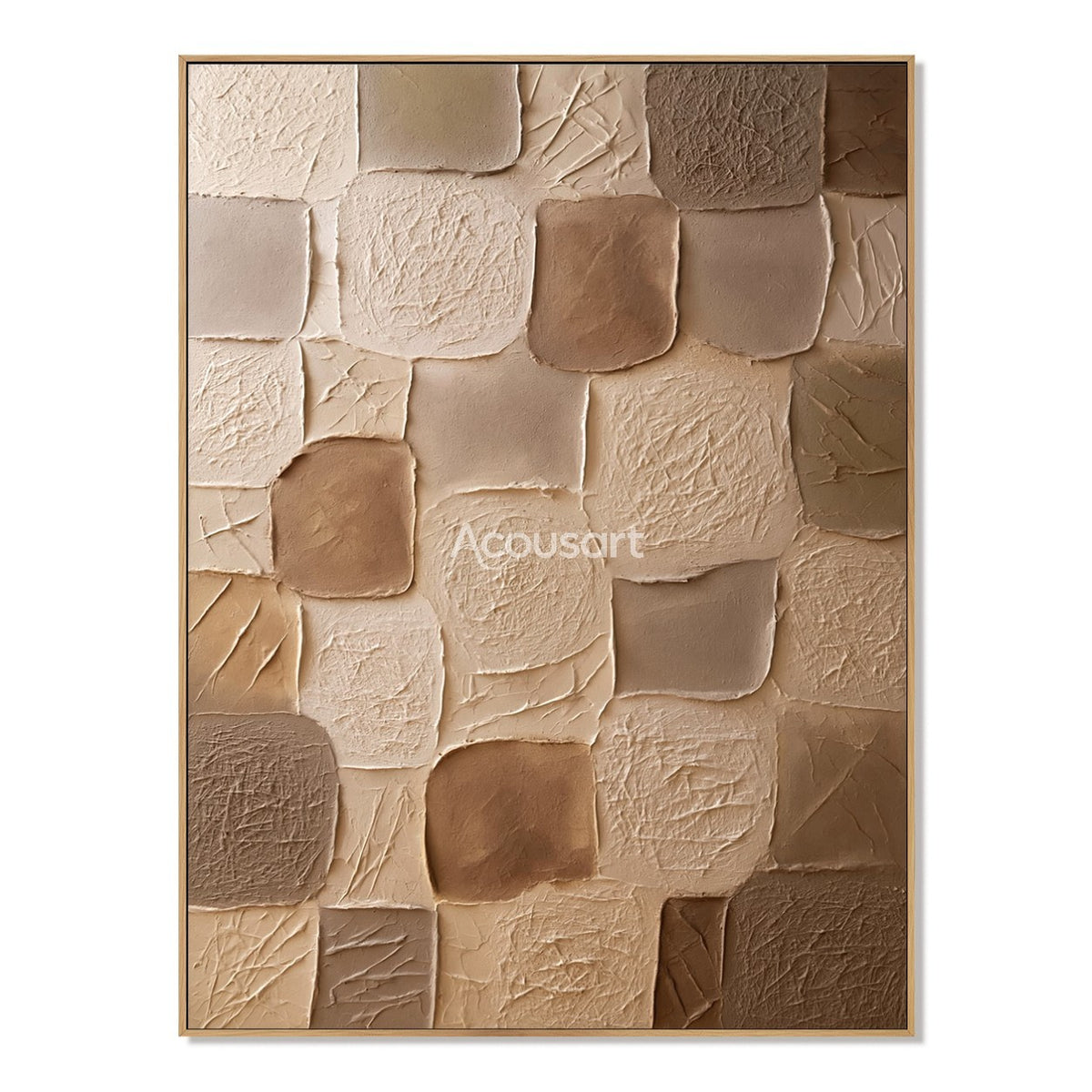 Neutral textured abstract wall art with rounded square mosaic blocks in cream, beige, tan, taupe, and warm brown tones