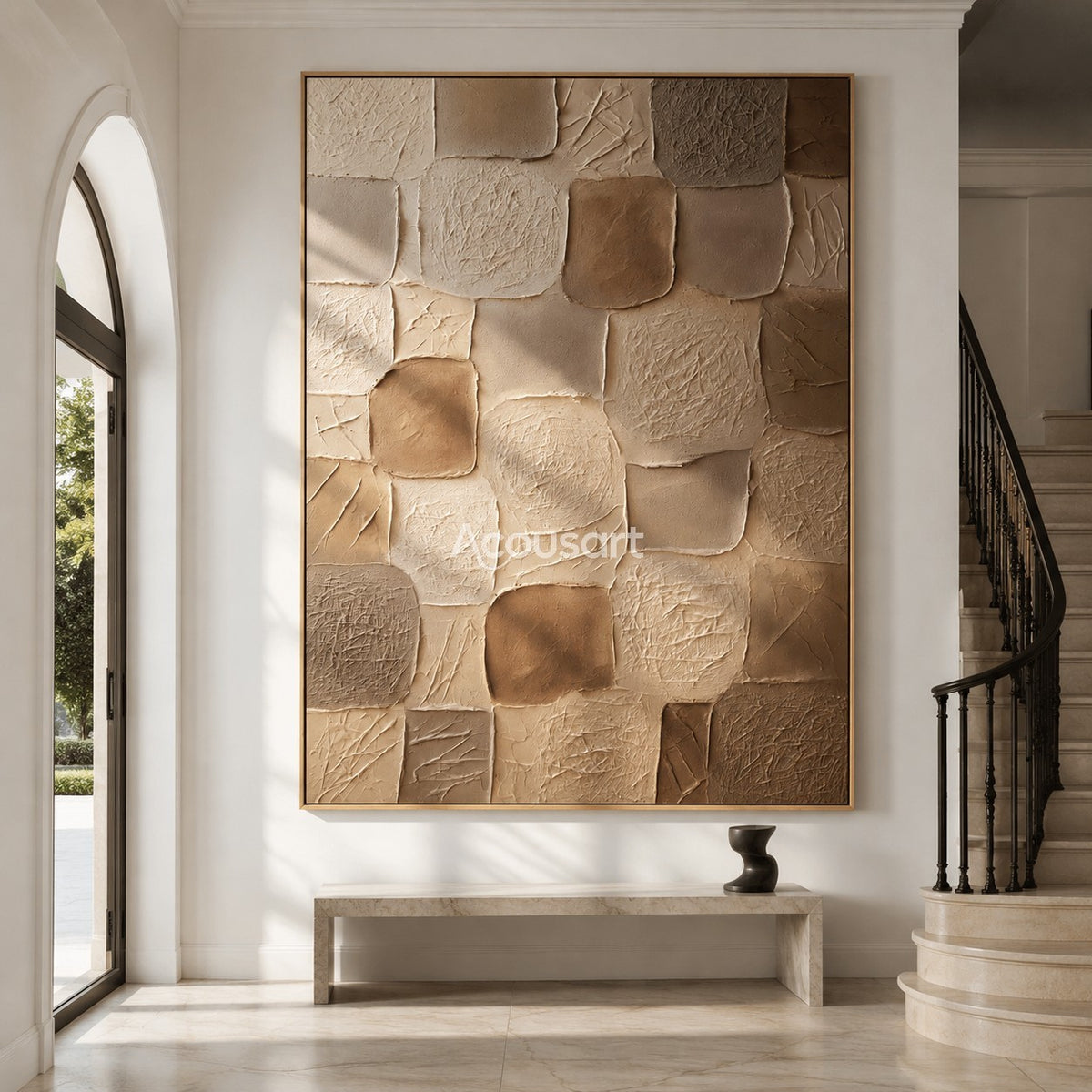 Neutral textured abstract wall art with rounded square mosaic blocks in cream, beige, tan, taupe, and warm brown tones