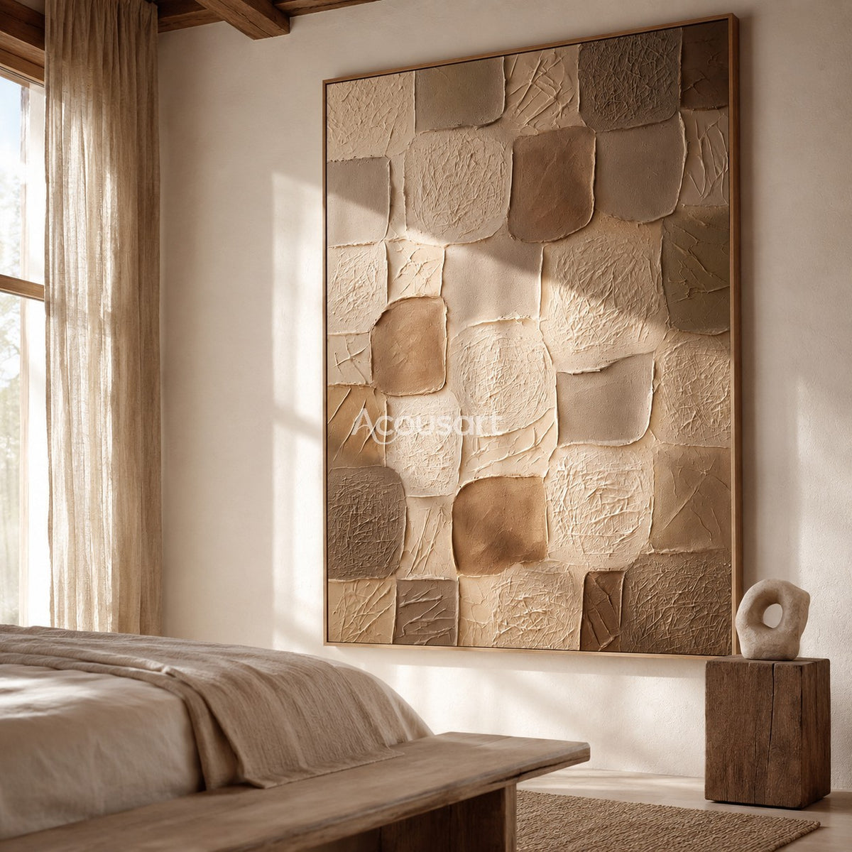 Neutral textured abstract wall art with rounded square mosaic blocks in cream, beige, tan, taupe, and warm brown tones