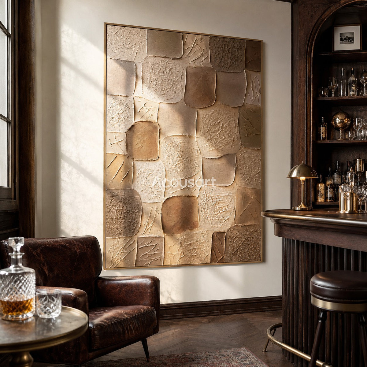 Neutral textured abstract wall art with rounded square mosaic blocks in cream, beige, tan, taupe, and warm brown tones
