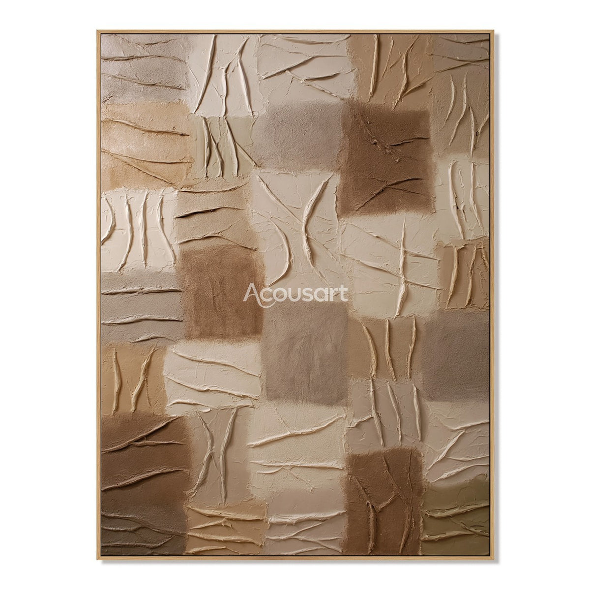 Neutral textured abstract wall art with earthy square blocks, raised carved lines, beige, taupe, and warm brown tones