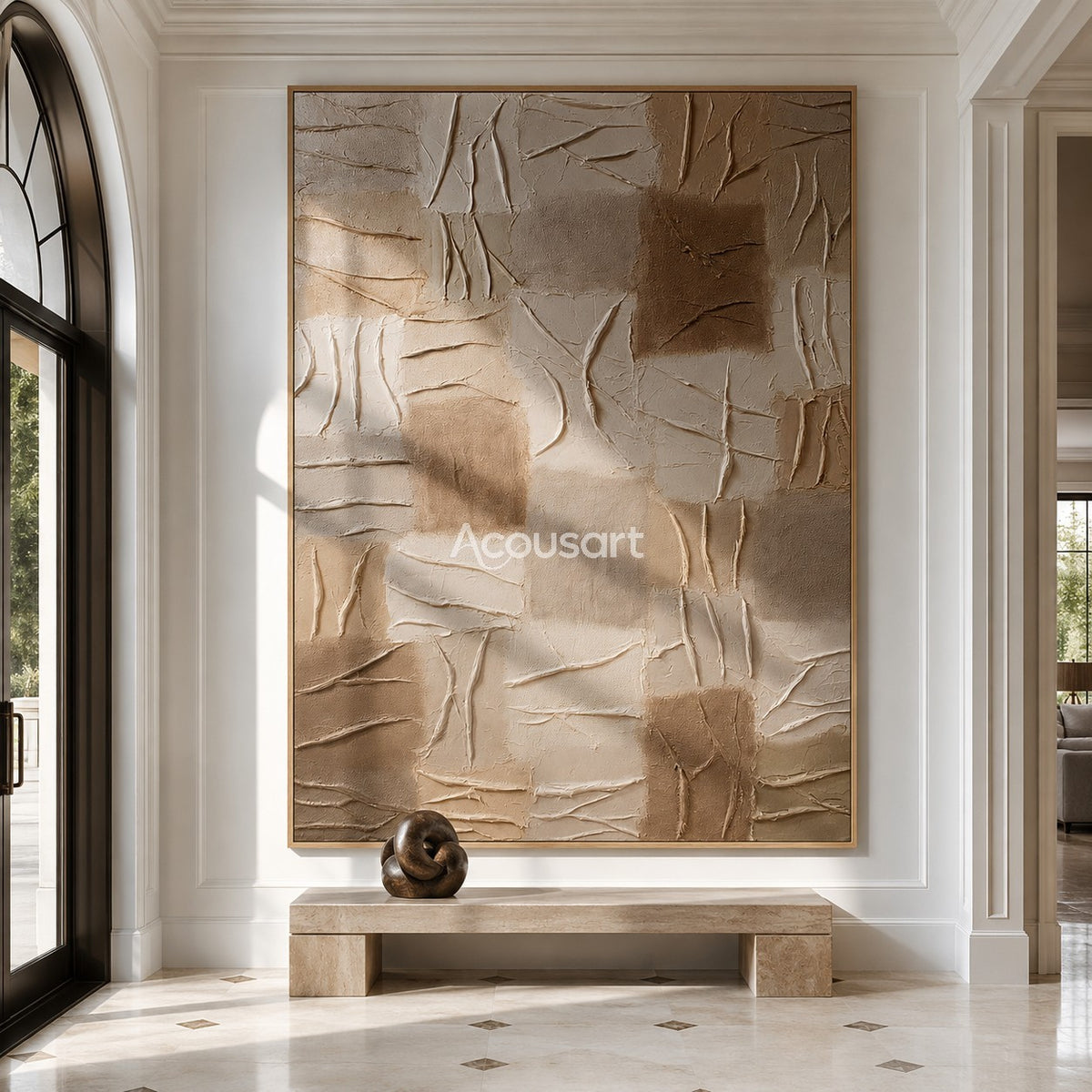 Neutral textured abstract wall art with earthy square blocks, raised carved lines, beige, taupe, and warm brown tones