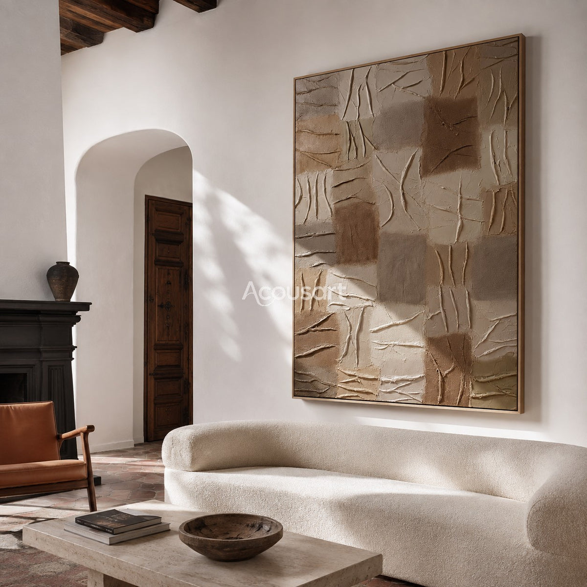 Neutral textured abstract wall art with earthy square blocks, raised carved lines, beige, taupe, and warm brown tones