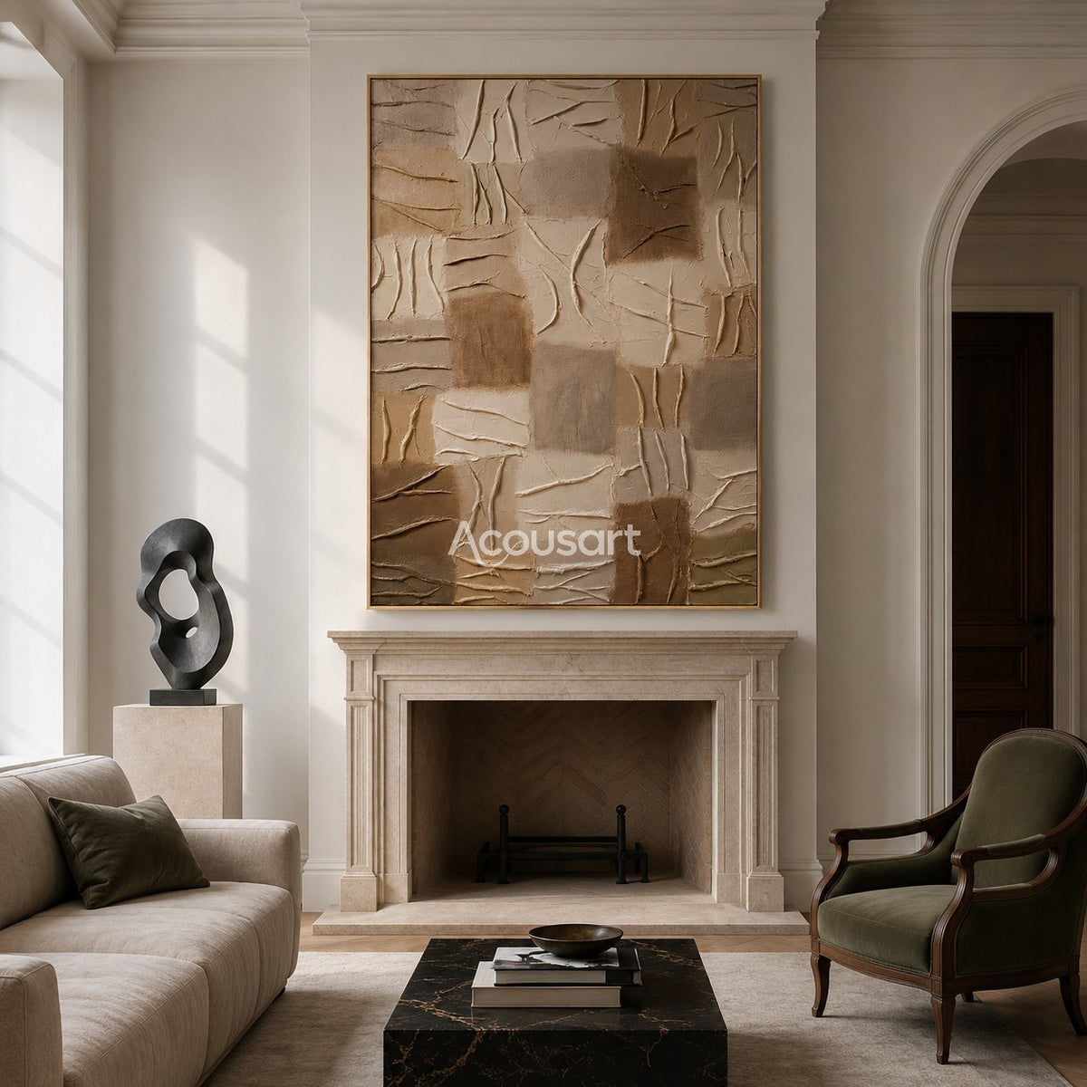 Neutral textured abstract wall art with earthy square blocks, raised carved lines, beige, taupe, and warm brown tones