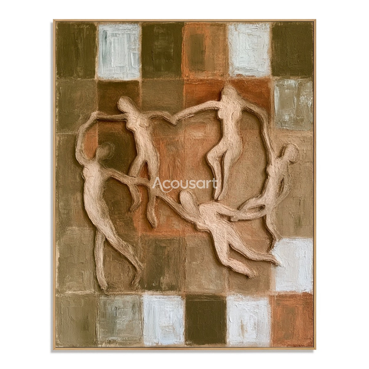 Figurative textured wall art with abstract dancing figures, earthy square background, warm brown, olive green, beige, and cream tones