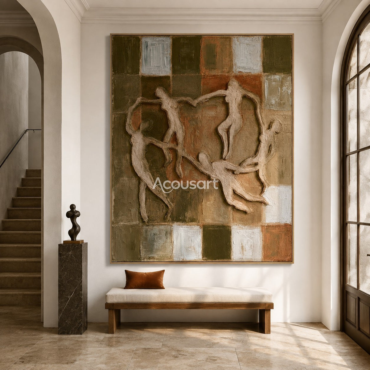 Figurative textured wall art with abstract dancing figures, earthy square background, warm brown, olive green, beige, and cream tones