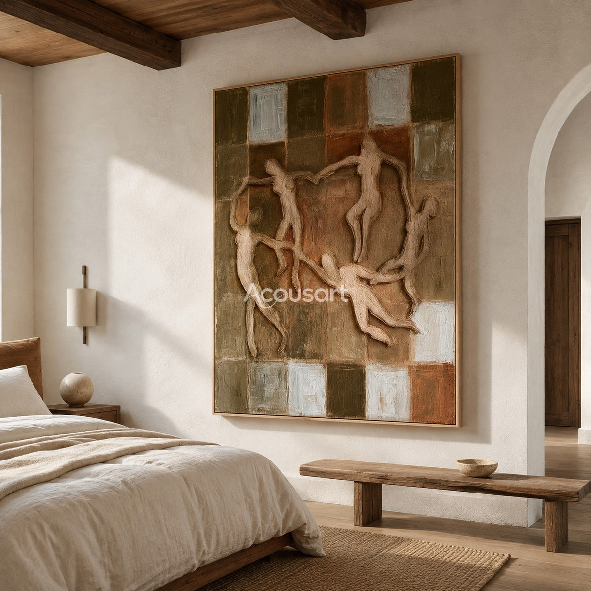 Figurative textured wall art with abstract dancing figures, earthy square background, warm brown, olive green, beige, and cream tones