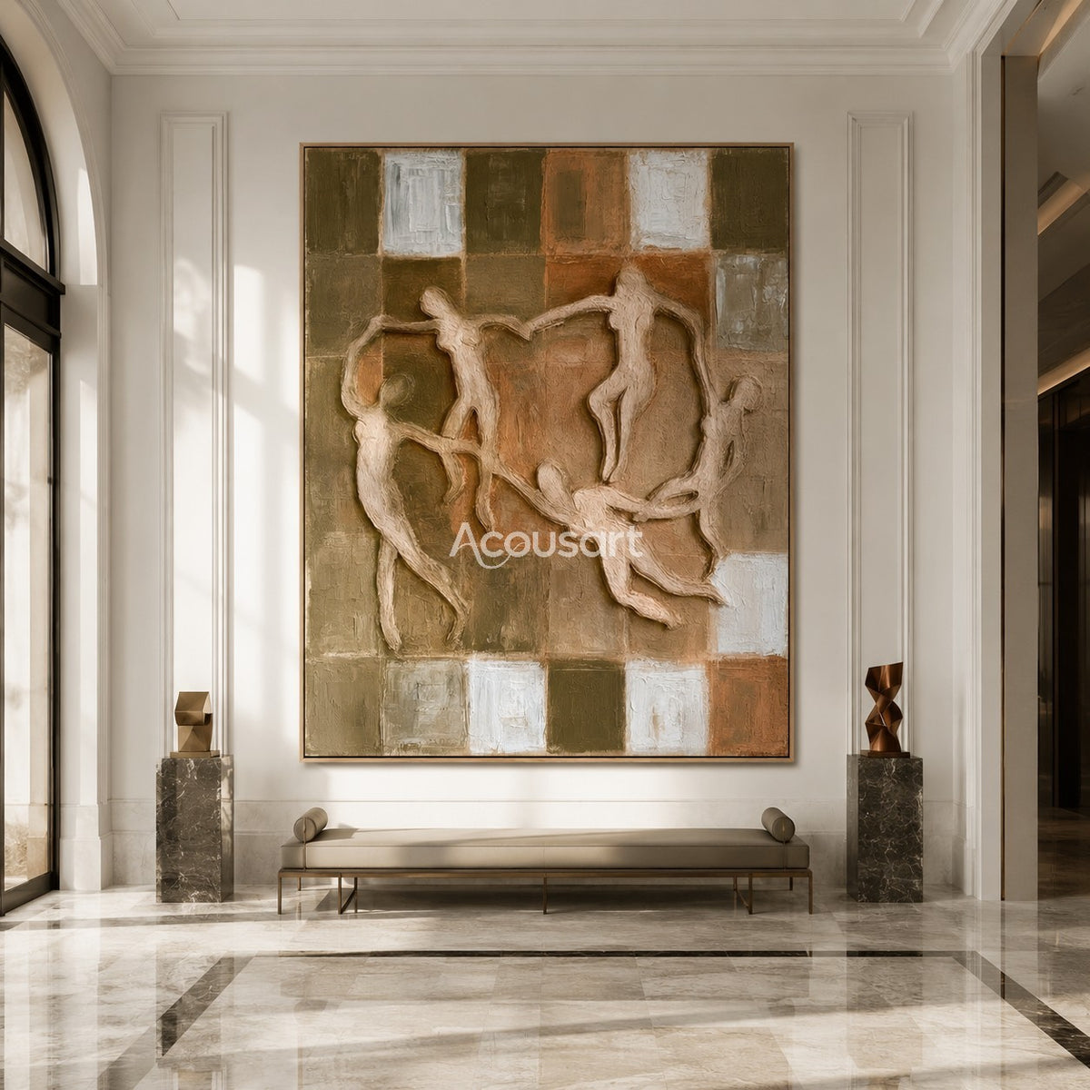 Figurative textured wall art with abstract dancing figures, earthy square background, warm brown, olive green, beige, and cream tones