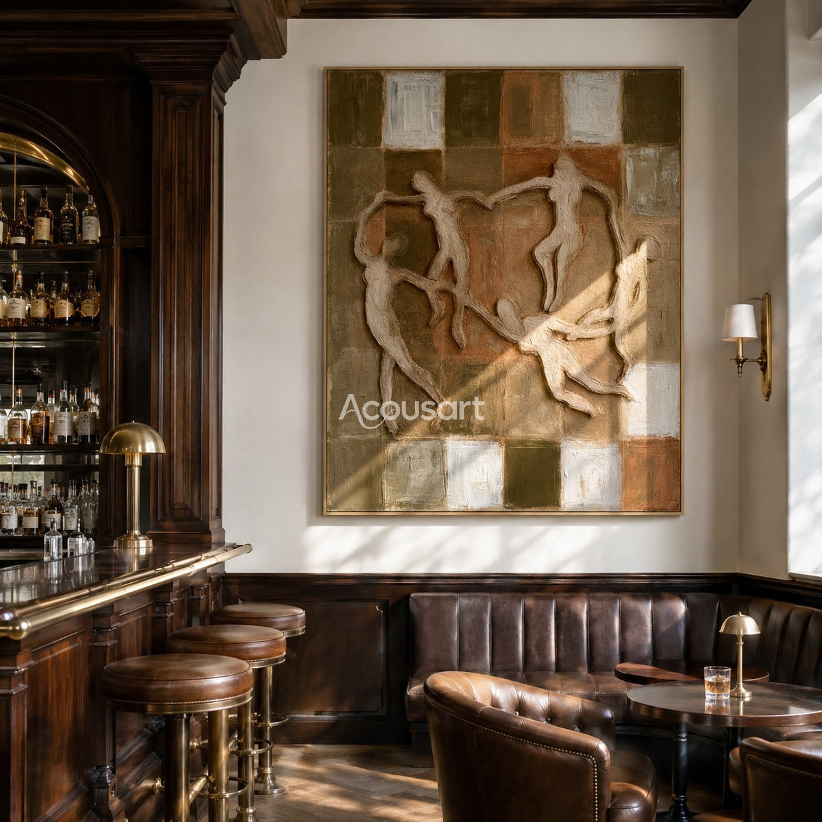 Figurative textured wall art with abstract dancing figures, earthy square background, warm brown, olive green, beige, and cream tones