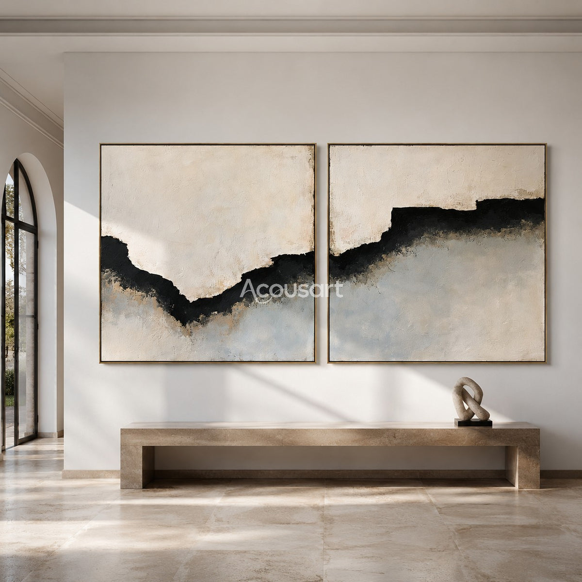 Minimalist abstract diptych wall art with black horizon line, soft white background, gray tones, and textured brush details