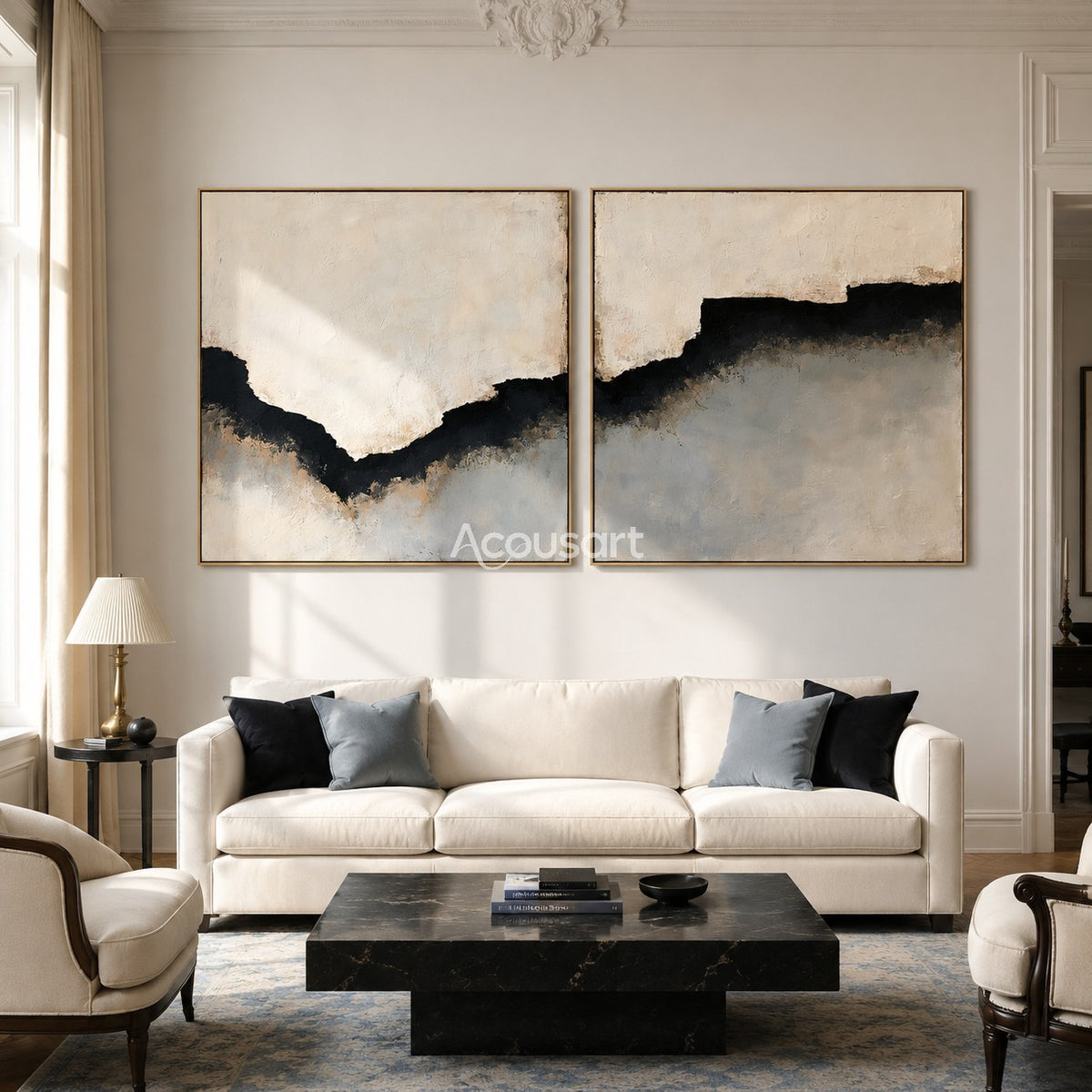 Minimalist abstract diptych wall art with black horizon line, soft white background, gray tones, and textured brush details
