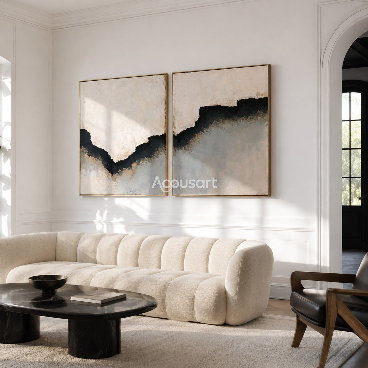 Minimalist abstract diptych wall art with black horizon line, soft white background, gray tones, and textured brush details