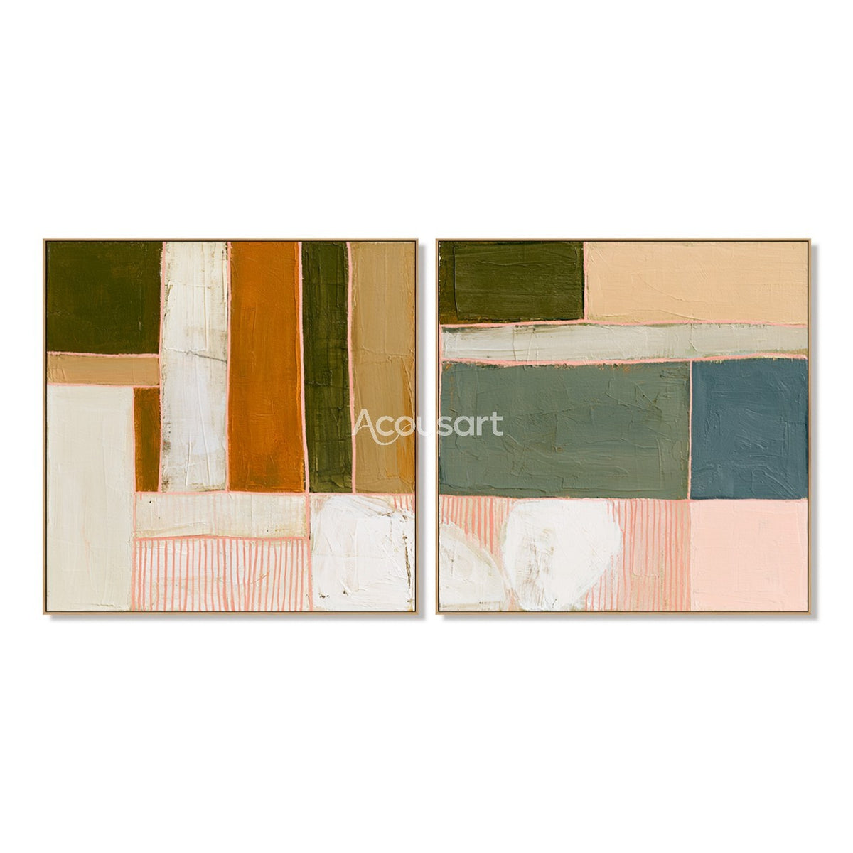 Colorful abstract diptych wall art with geometric blocks, green, orange, pink, cream, and blue tones