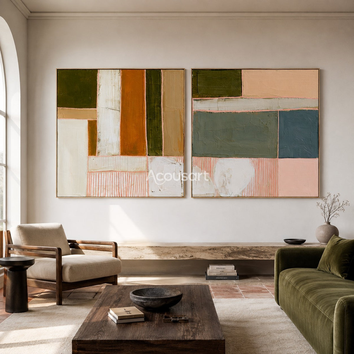 Colorful abstract diptych wall art with geometric blocks, green, orange, pink, cream, and blue tones
