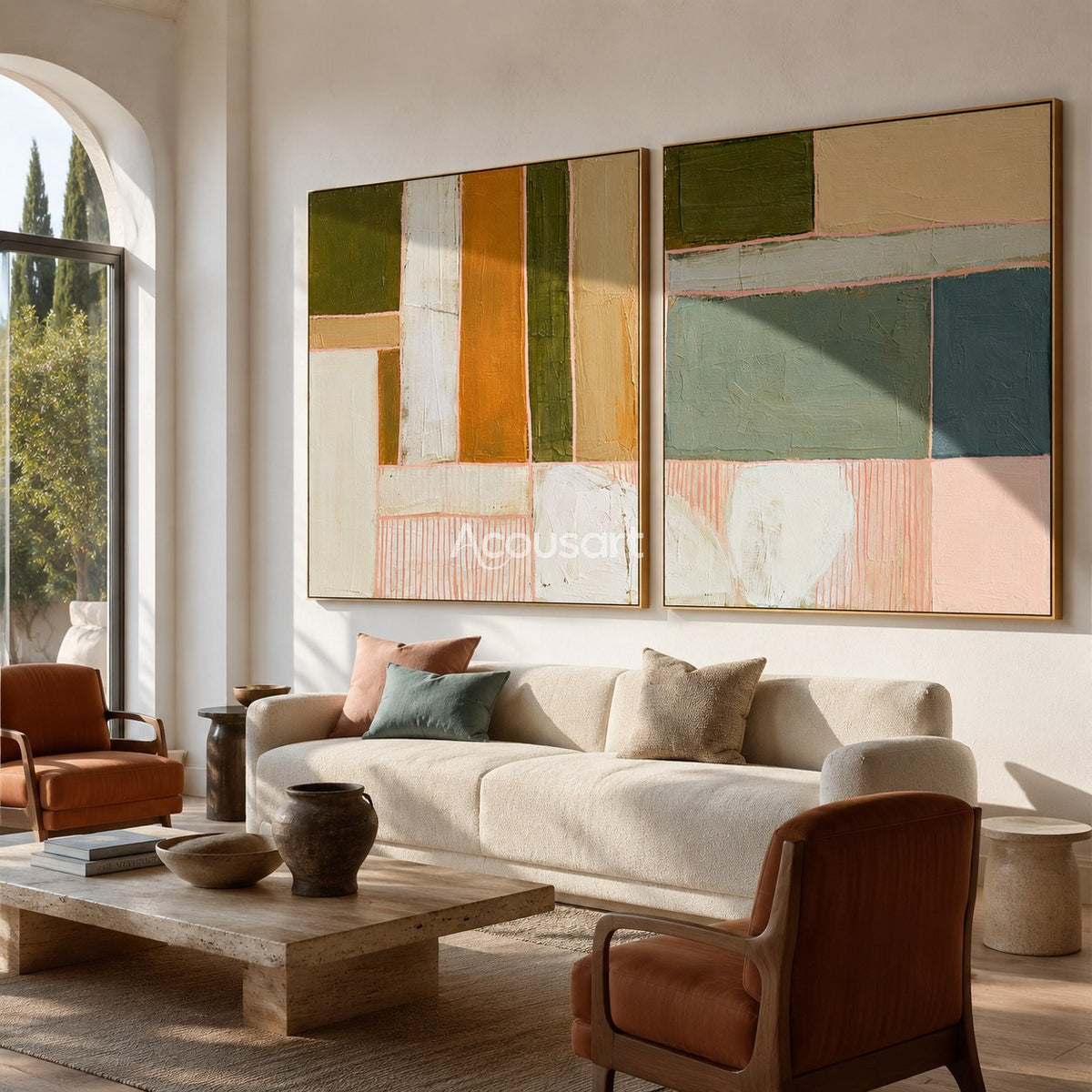 Colorful abstract diptych wall art with geometric blocks, green, orange, pink, cream, and blue tones