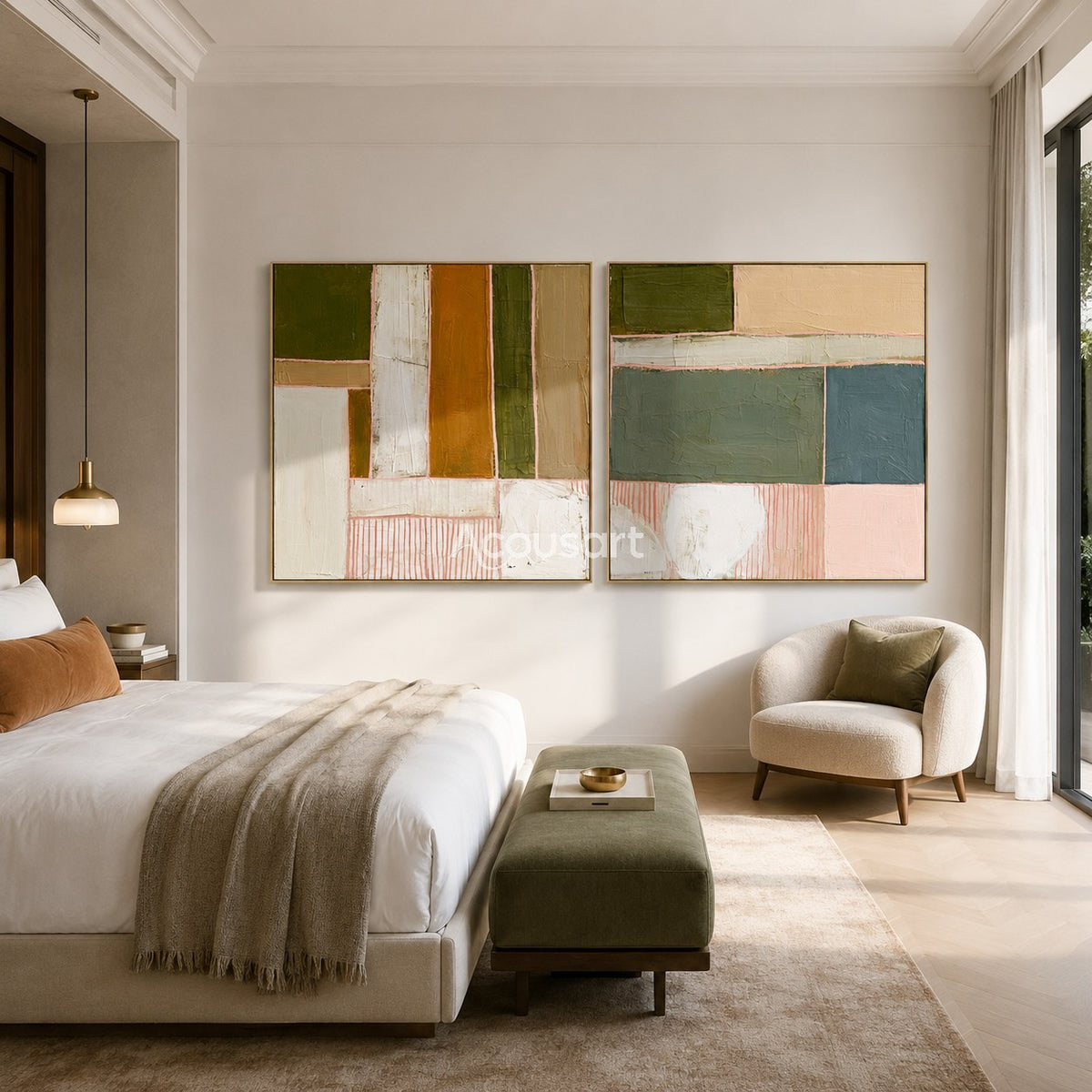 Colorful abstract diptych wall art with geometric blocks, green, orange, pink, cream, and blue tones