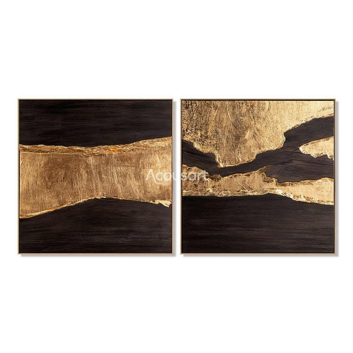 Black and gold textured abstract diptych wall art with flowing golden lines and dark luxury tones