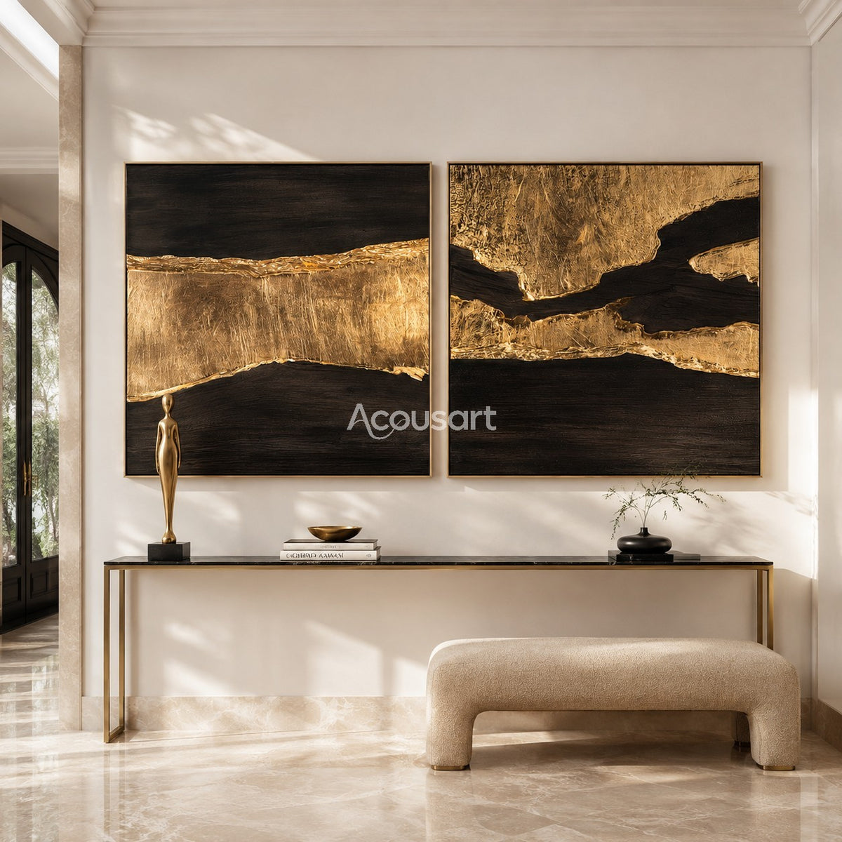 Black and gold textured abstract diptych wall art with flowing golden lines and dark luxury tones