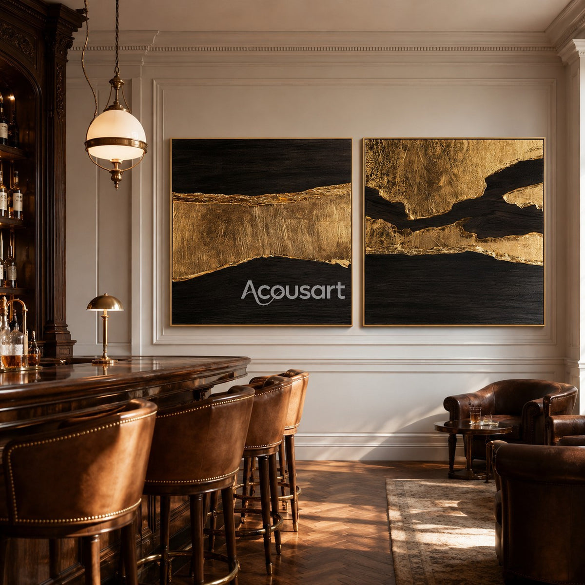 Black and gold textured abstract diptych wall art with flowing golden lines and dark luxury tones
