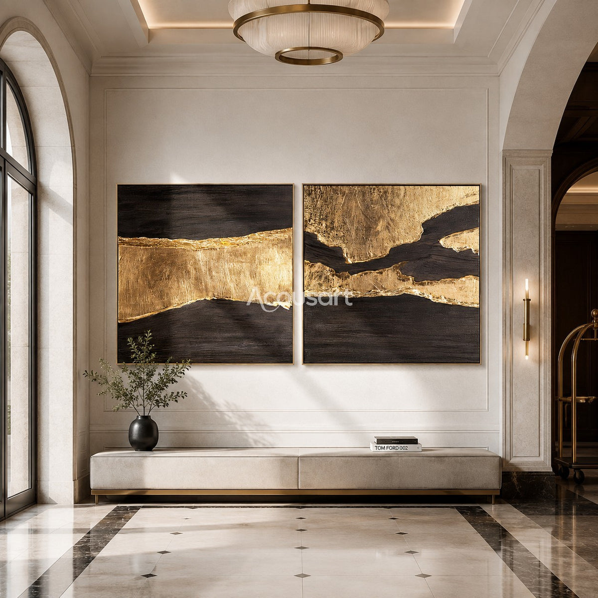Black and gold textured abstract diptych wall art with flowing golden lines and dark luxury tones