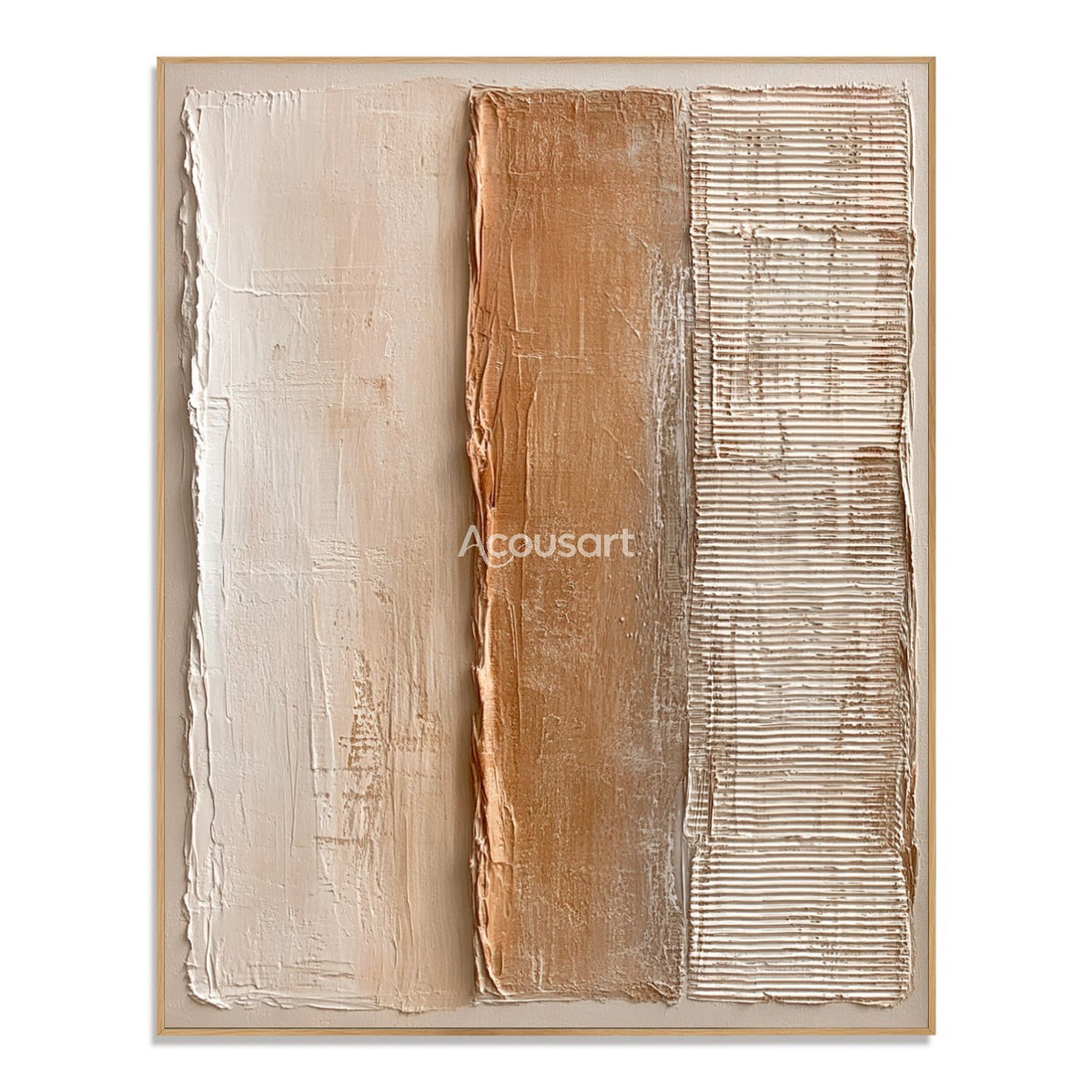 Neutral textured abstract wall art with three vertical panels in white, beige, clay brown, and lined texture