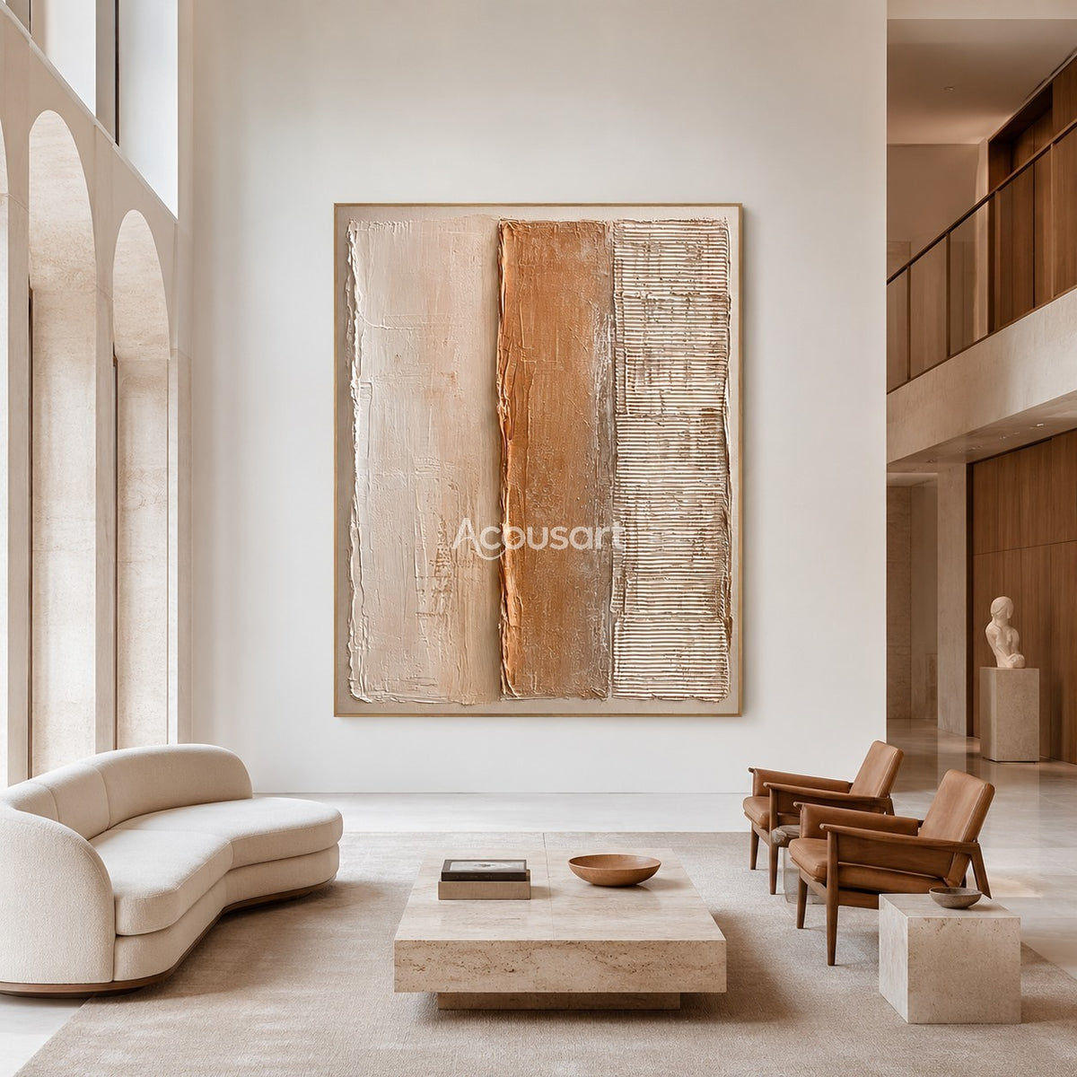 Neutral textured abstract wall art with three vertical panels in white, beige, clay brown, and lined texture