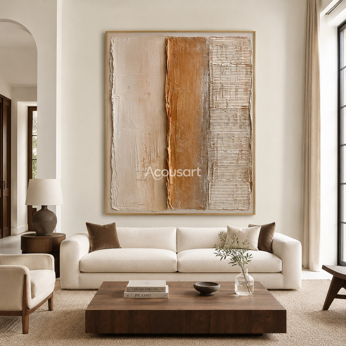 Neutral textured abstract wall art with three vertical panels in white, beige, clay brown, and lined texture