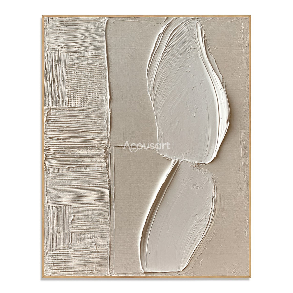 Neutral textured abstract wall art with raised white curved shapes, beige background, and layered line texture